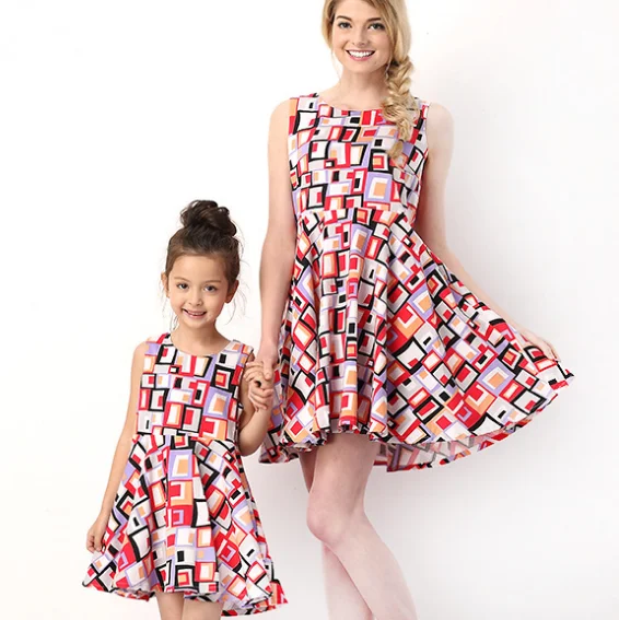 Fancy mom and daughter matching clothing, stylish mother and girls dresses printed party dress image