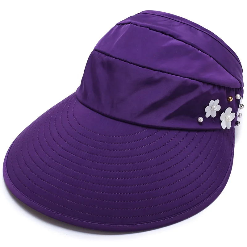 Hot Selling Women Summer Wide Brim Cap 100% Polyester Adjustable Sun Visor Cap Hat With Small Plastic Flower Visors