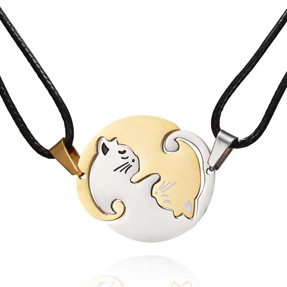 New arrival cat shape fashion design silver and black stainless steel couple cat necklace for men women jewelry wholesale