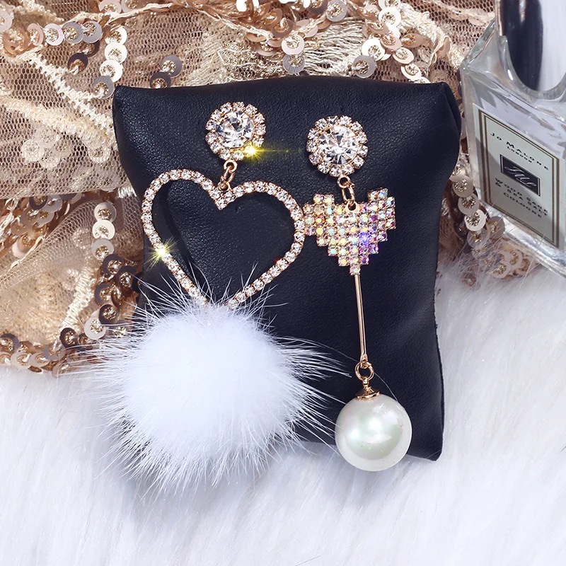fashion crystal heart shaped drop earrings pom pom fur ball earrings Korean plush ball earrings