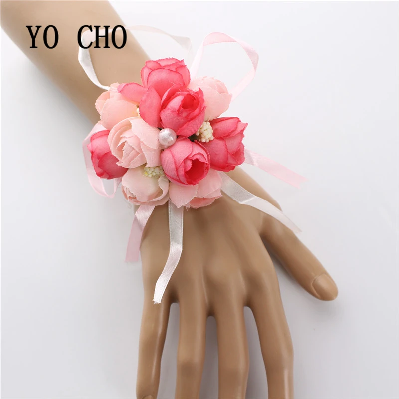 
YO CHO wholesale Christmas decor hand accessories for girls rose lovely bridal bridesmaid party corsage flowers with beige bud 
