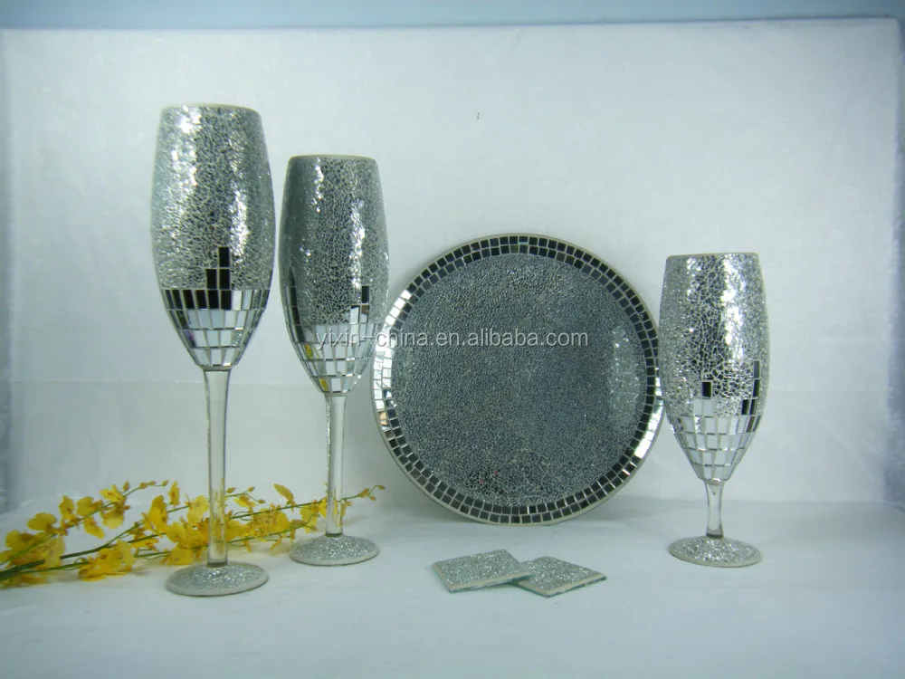 Silvery Mosaic Crackle Mirrored Glass Goblet Candle Holder