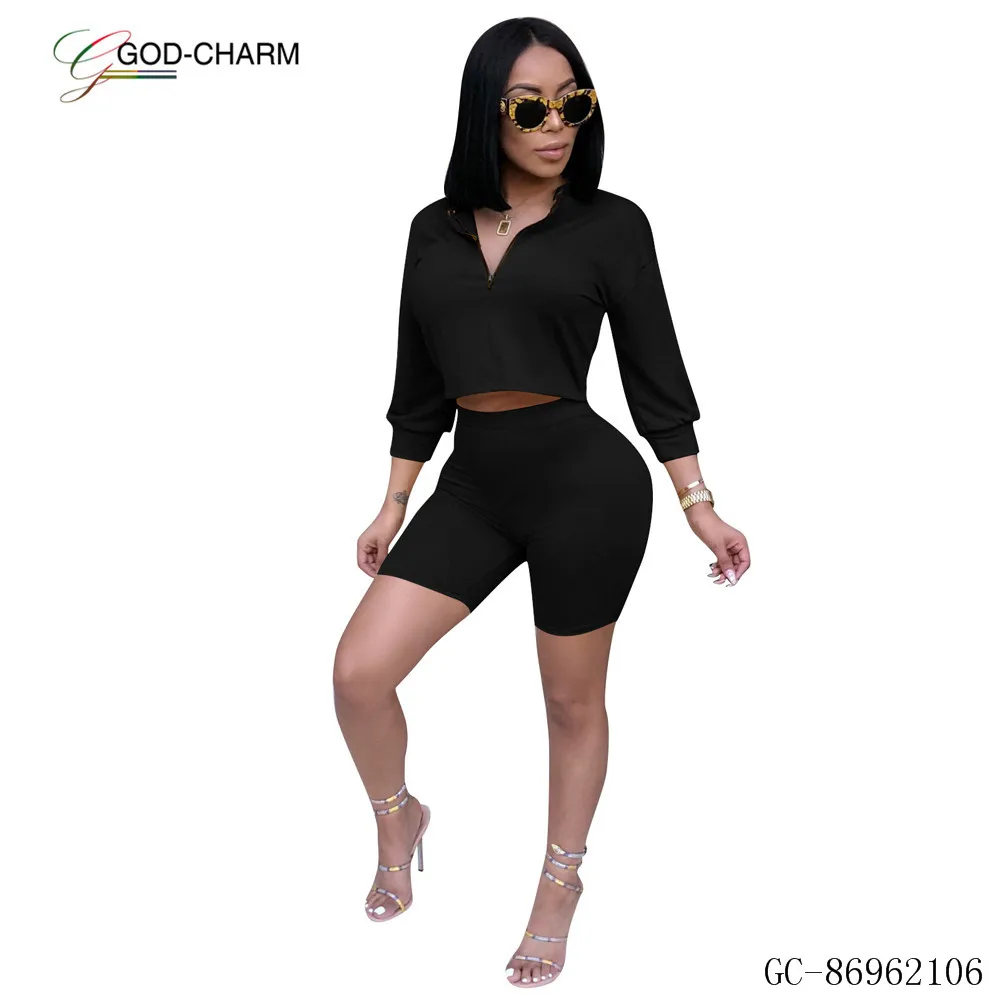 *GC-86962106 2020new Wholesale plain color zipper collar long sleeve t shirt and hot shorts two piece set blank women track suit