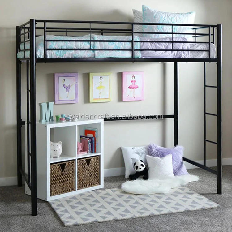 Metal Twin Size Loft Bed with Built-In Ladder Steel Guardrails Black Finish