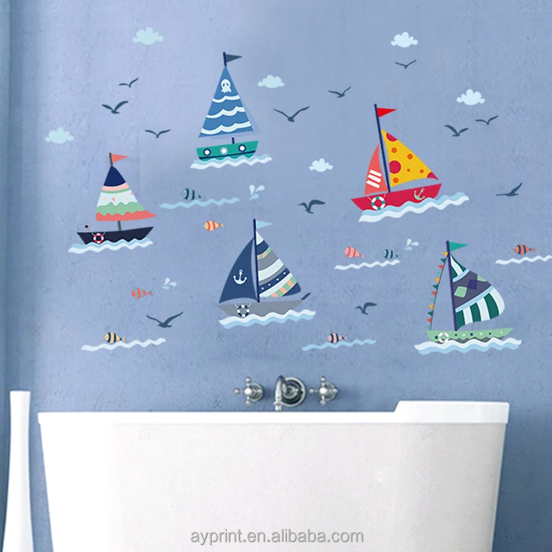 
SK7061 Sailboat Sailing Ship Sea Fish Kids Wall sticker Home DIY decorative TV Background removable Nursery wall Decal 