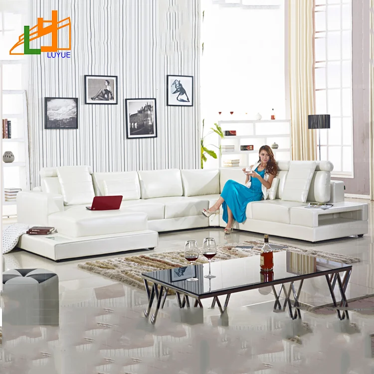 Modern Hand rest Leather Couch L Shape White Corner Living Room sofa set furniture