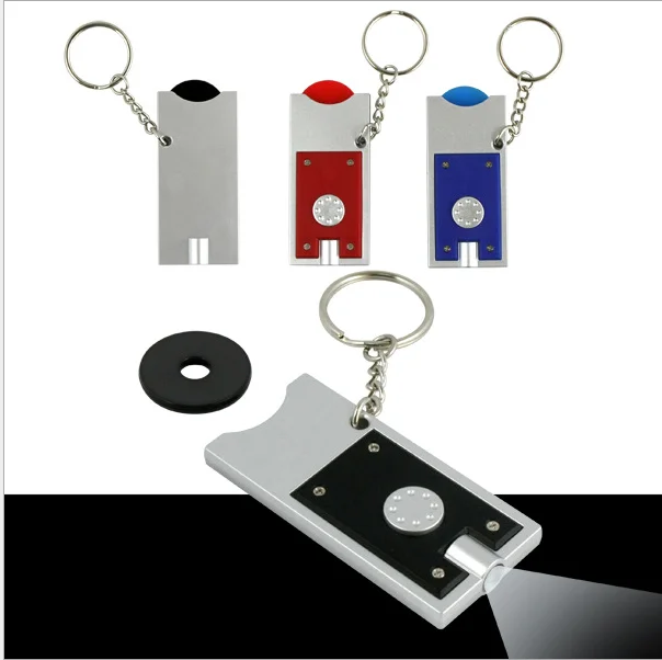 Promotional Plastic Led Trolley Euro Coin Holder  Key chain, Trolley Coin Keyring, Flashlight Supermarket Shopping Cart Keychain