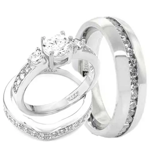 His & Hers 3 Pieces Engagement Wedding Rings Set