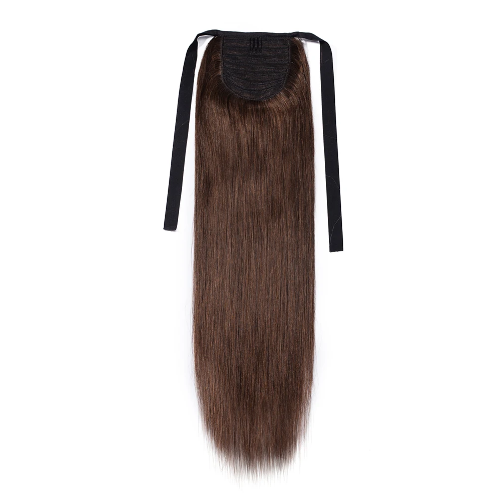 Medium brown silky straight High quality human hair ponytail drawstring