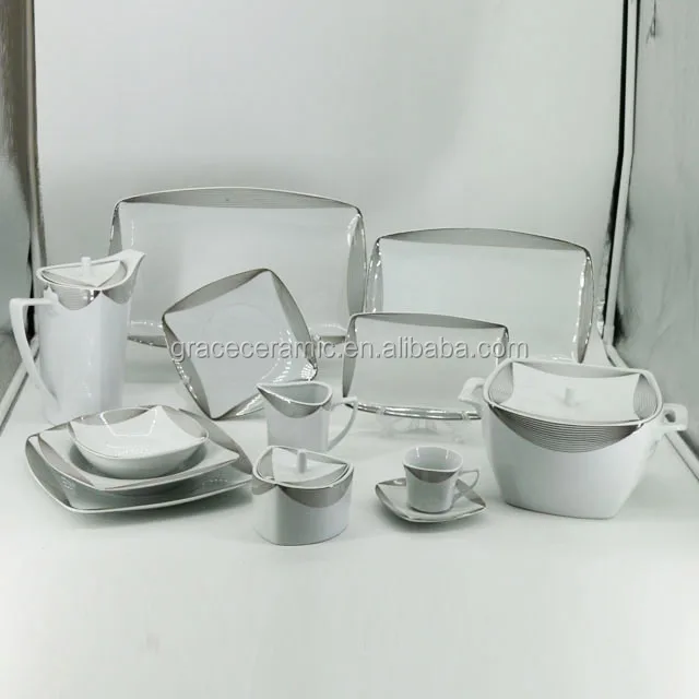 66 PCS Royal Western Fine Porcelain Bone china Modern Restaurants Dinnerware With Silver Rim