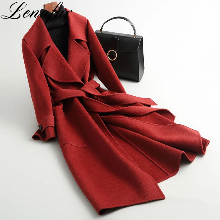 2021 Fashion Custom Made Wholesale Loose Long Wrap-Tie Belt Double Faced 100% Lamb Sheep Cashmere Wool Fur Coat for Women