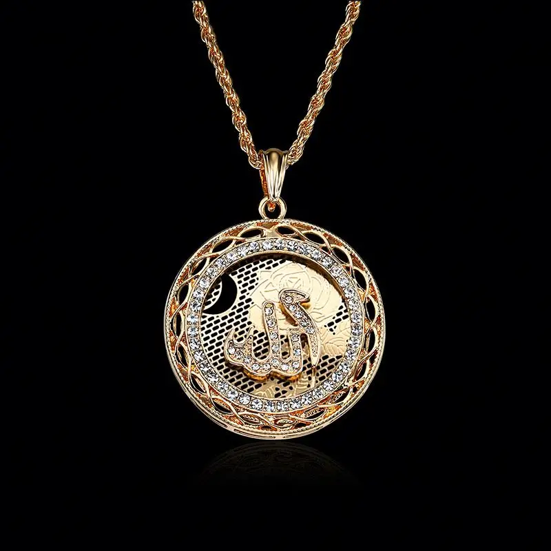 2019 Hot Selling Real Gold Arabian Muslim Islamic Allah diamond pendant necklace Crystal Round Pendant Necklace