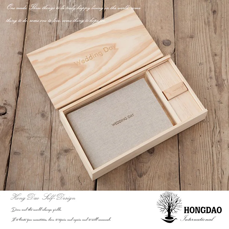 HONGDAO Natural Sliding Lid unfinished Wooden Wedding Photo Album USB Box With Engraving Logo