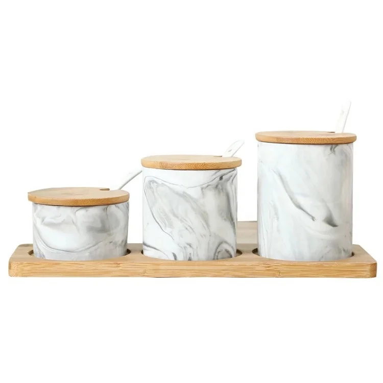 Fancy luxury style wholesale kitchen empty ceramic spice containers marble wooden lid spice jar with bamboo stand