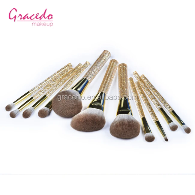 Suppliers 12pcs Professional make-up brush kit White Goat Hair Make Up Brush Set Gold  Crystal Glitter Handle Makeup Tools