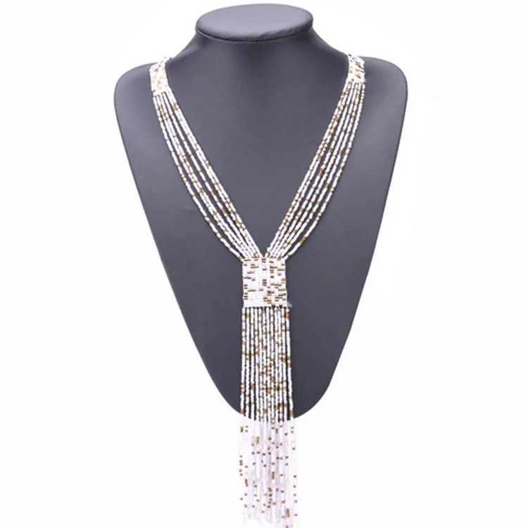 Handmade woven boho long tassel seed bead necklace popular in European