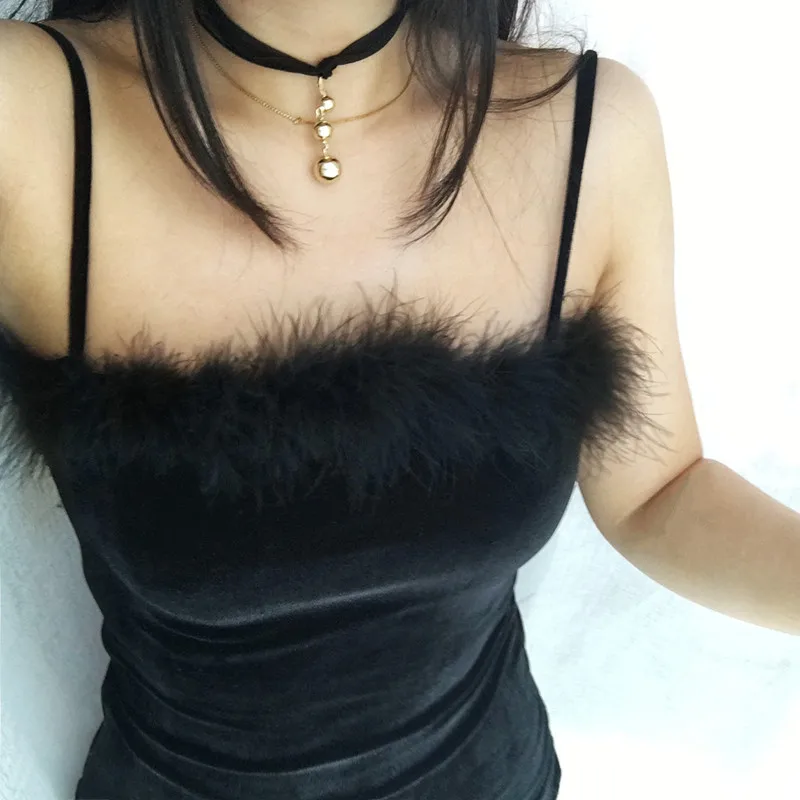 
ZH3358G Sexy Black Sheath Short Women Casual Dresses Spaghetti Straps Furs Backless Party Gowns For Girls Lady 