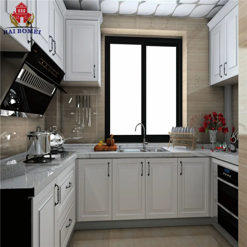 
China Bomei Factory Shaker Style PVC Freestanding L Shaped Modular Pantry Kitchen Cabinet 