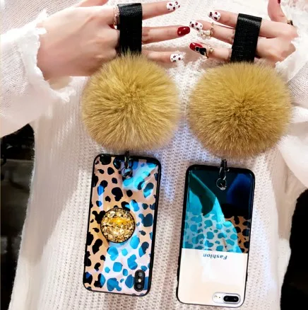 
Luxury Leopard Fur Ball Girls Case Soft Bumper with Stand Holder/Wrist Strap For Iphone Xs Pro Max Case 