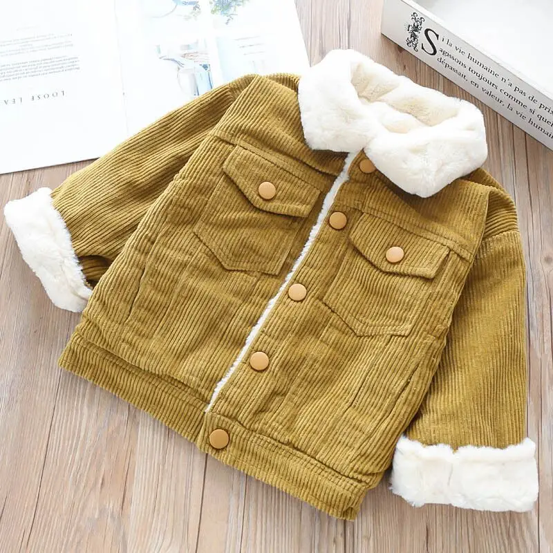Оптовая продажа, детская зимняя одежда для девочек, вельветовое Детское пальто с карманами, зимняя одежда для маленьких девочек