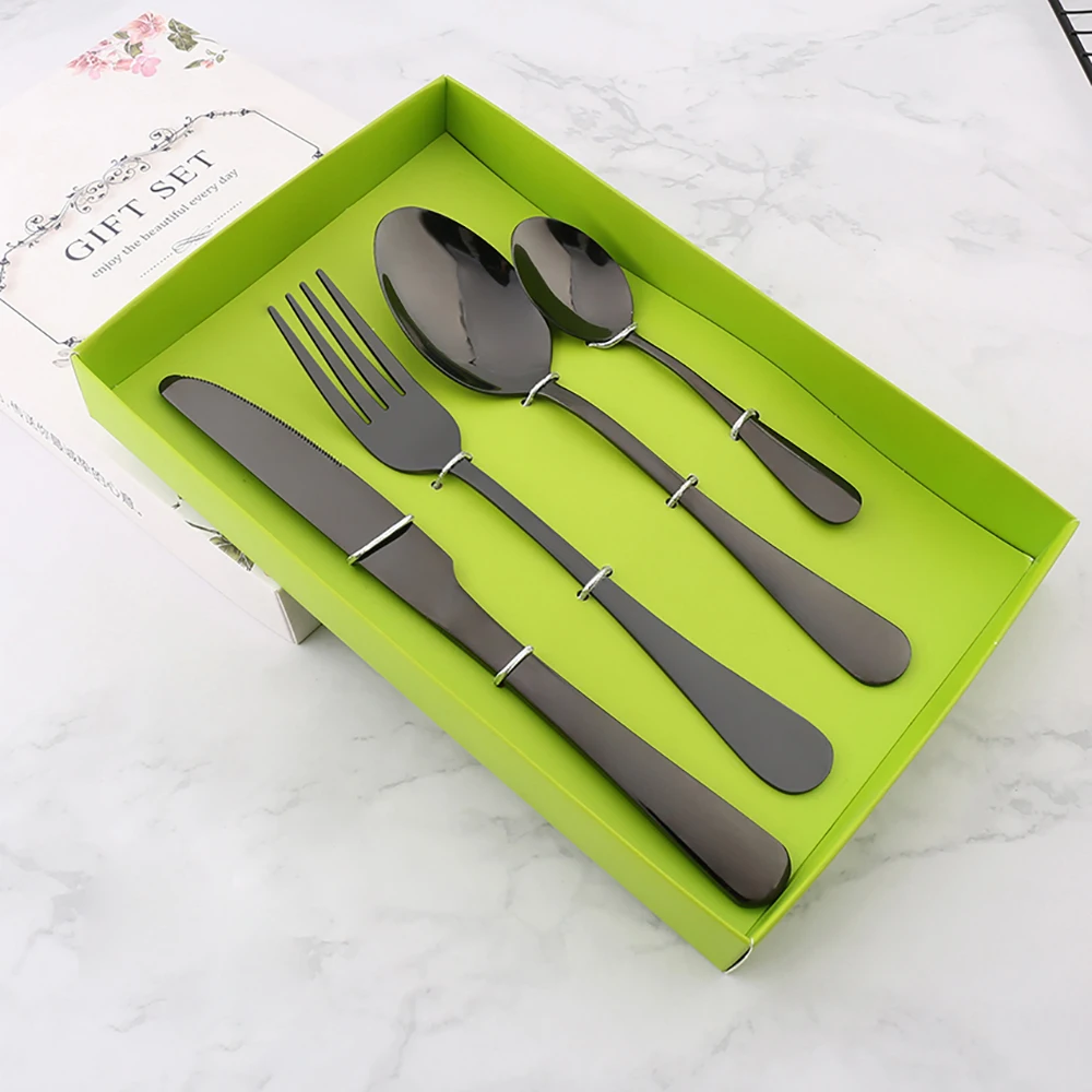 
Knife and fork spoon black handle rose gold spoons stainless steel tableware 