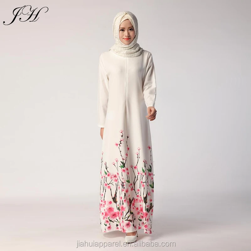Women Muslim Abaya Dresses White Printed Long Gowns Maxi Long Sleeves Islam Festival Ladies Tradition Dresses