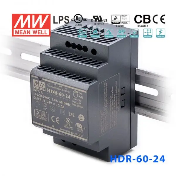 HDR-60-24  AC-DC 60W 24V DIN RAIL ORIGINAL MEAN WELL SWITCHING POWER SUPPLY ultra slim step shape DIN RAIL