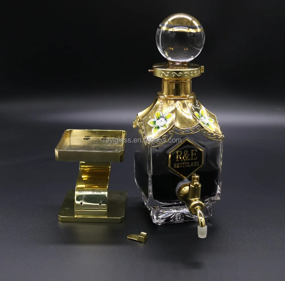 450ml dubai oudh oil perfume decanter golden hand painting glass display with tap