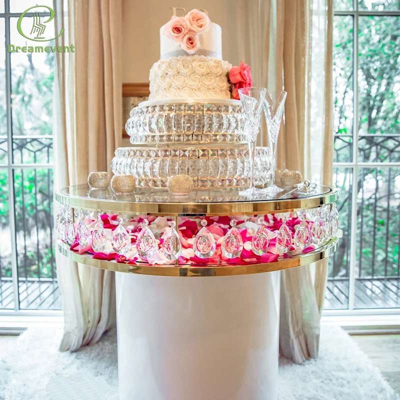 
Beautiful stainless steel gold decorate acrylic crystal wedding cake table 