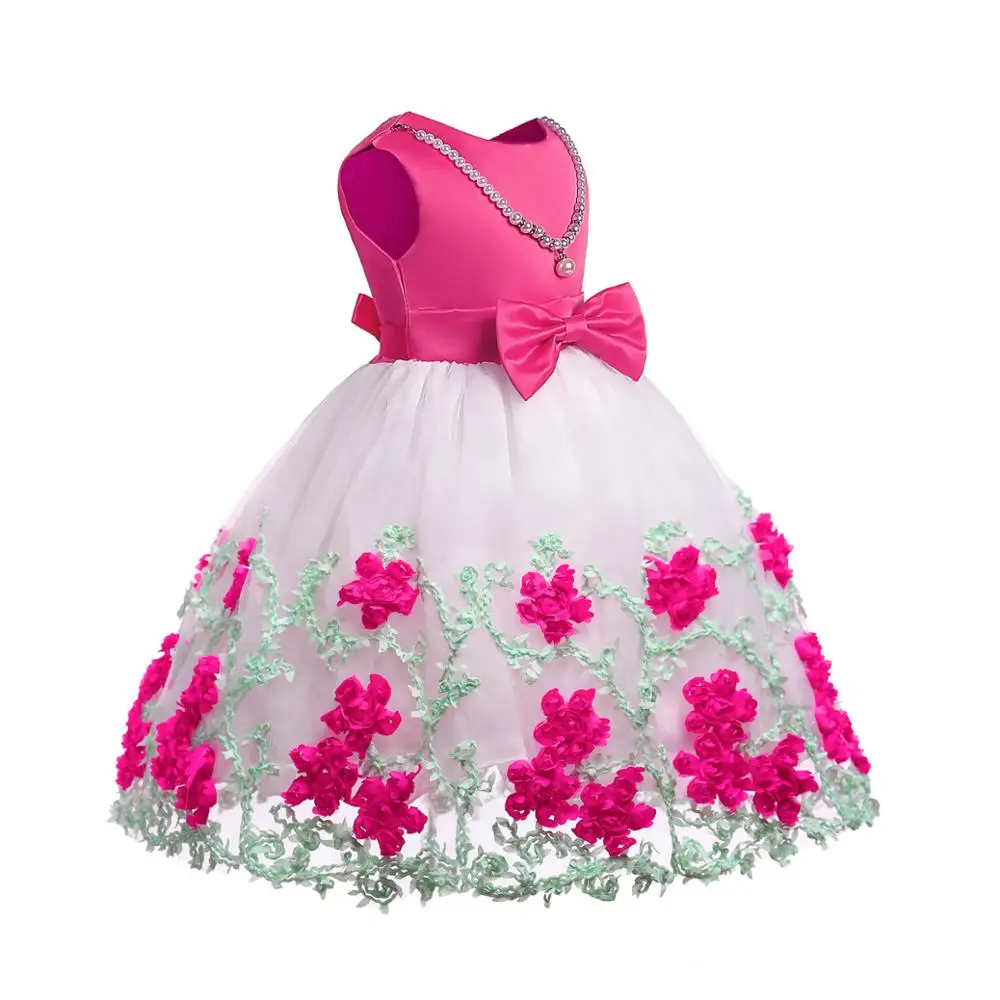 Net Yarn Embroidery Pearl Floral Latest Children Birthday Dress Designs