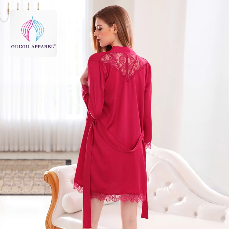 Hihg quality charming Bathrobes red lightweight dressing gown embroidered sexy satin Robes bride pjs GX17031