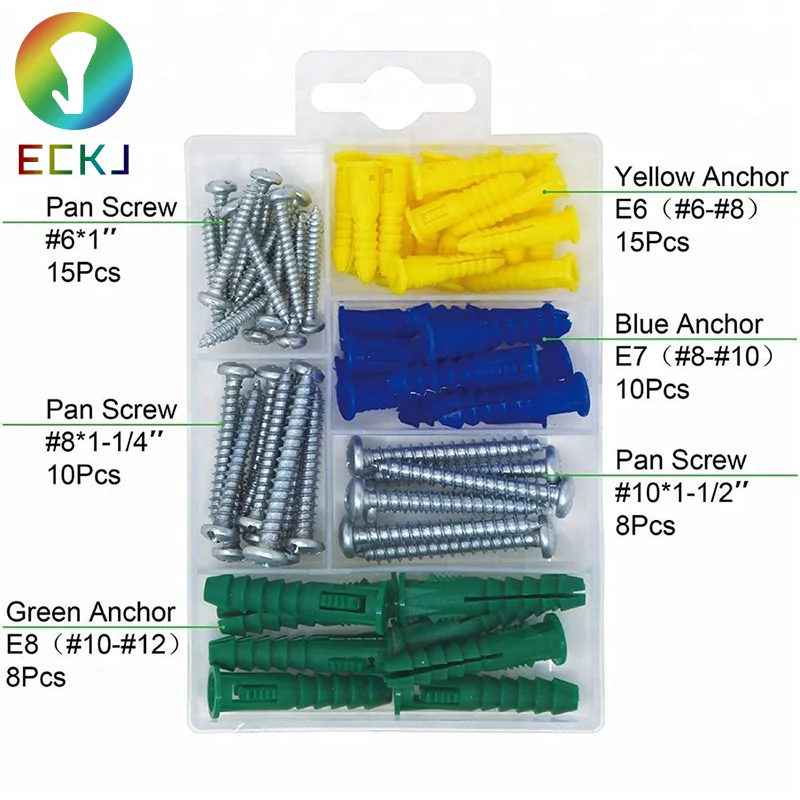 
ECKJ 66 Pieces Plastic Self Drilling Drywall Anchors with Phillips Flat Head Self Tapping Screws Assortment Kit 