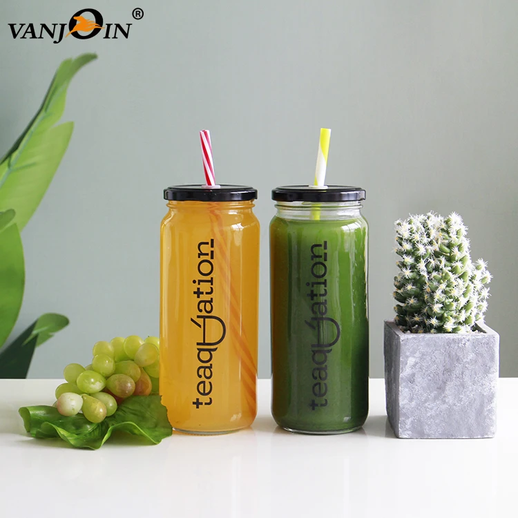 24oz Custom Logo Printing Straight Sided Glass Juice Bottle 720ml Paragon Jars with Lids and Straws