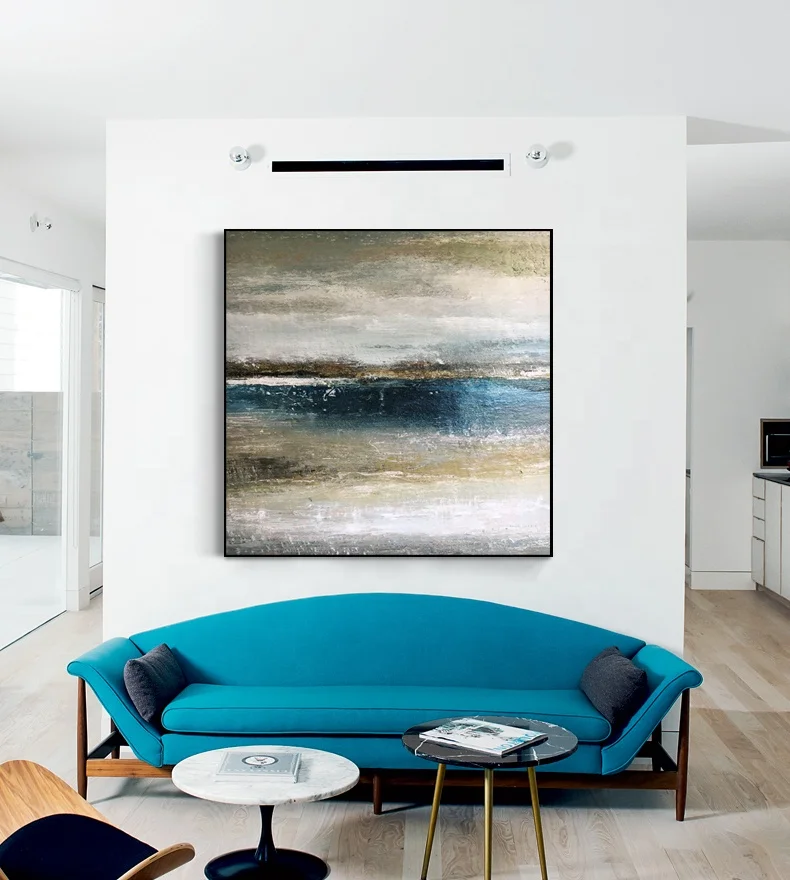 Abstract Artwork Painting Oil Wall Art Village Living Room Decorative Handpainted Canvas Blue Color Oil Painting Green Leaves