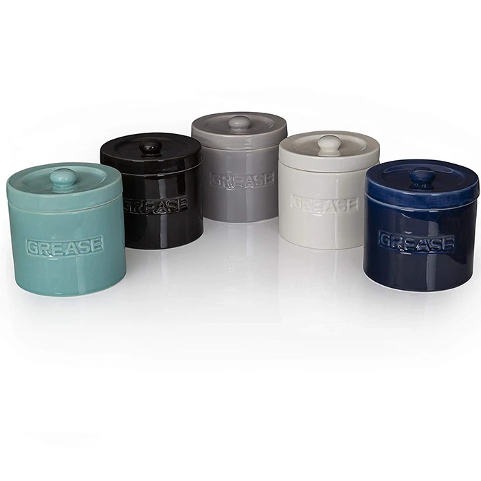 Ceramic Bacon Grease Oil Container Keeper with Metal Stainless Steel Strainer