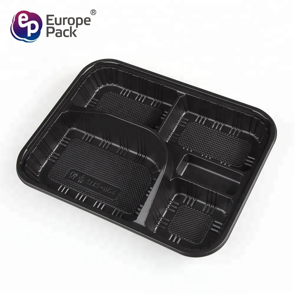 Japanese Disposable Bento Tiffin Lunch Boxes Black with 5 Compartments Storage Boxes & Bins Food Container Plastic for Food