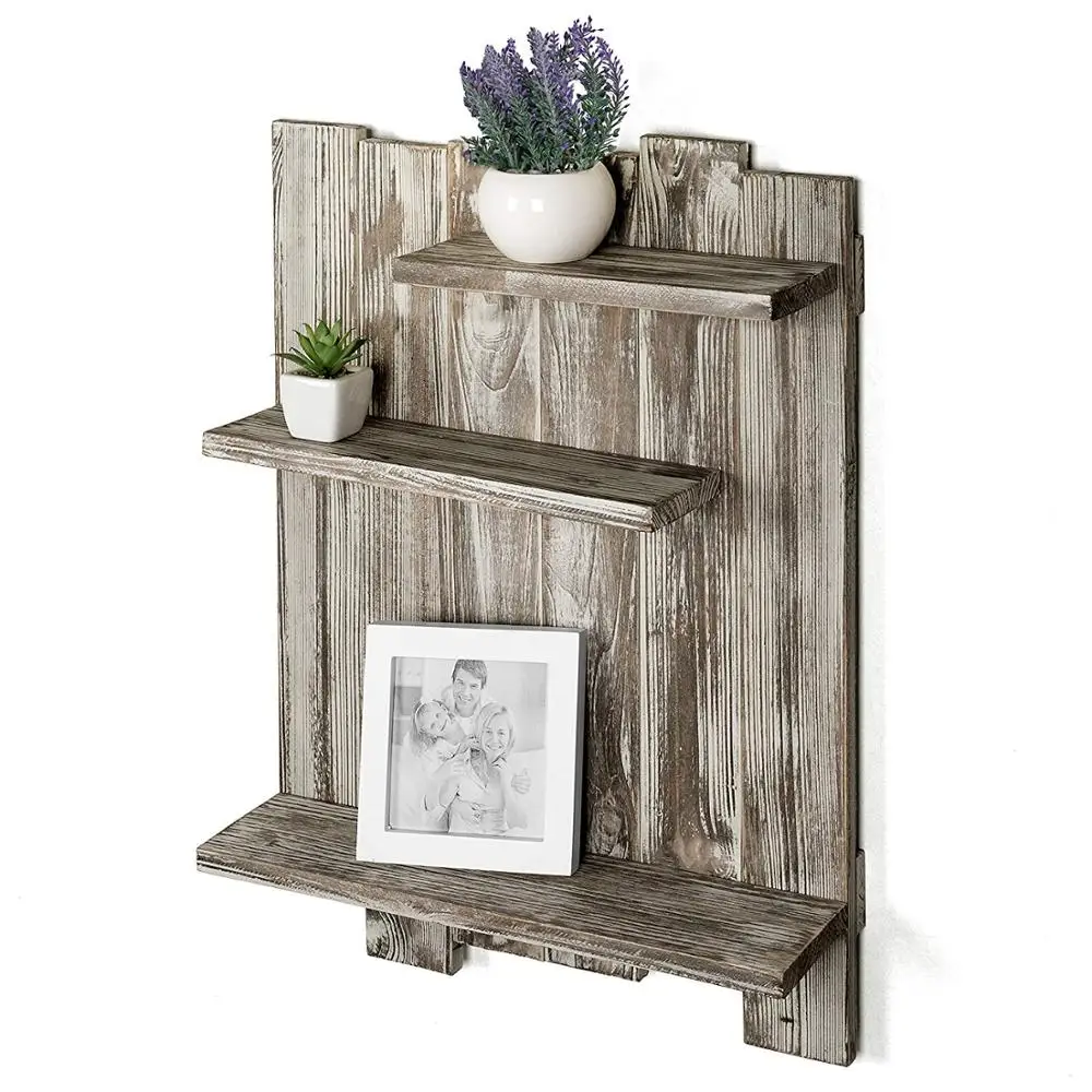 Rustic Torched Wood Pallet-Style Wall Mounted 3-Tier Decorative Display Shelf