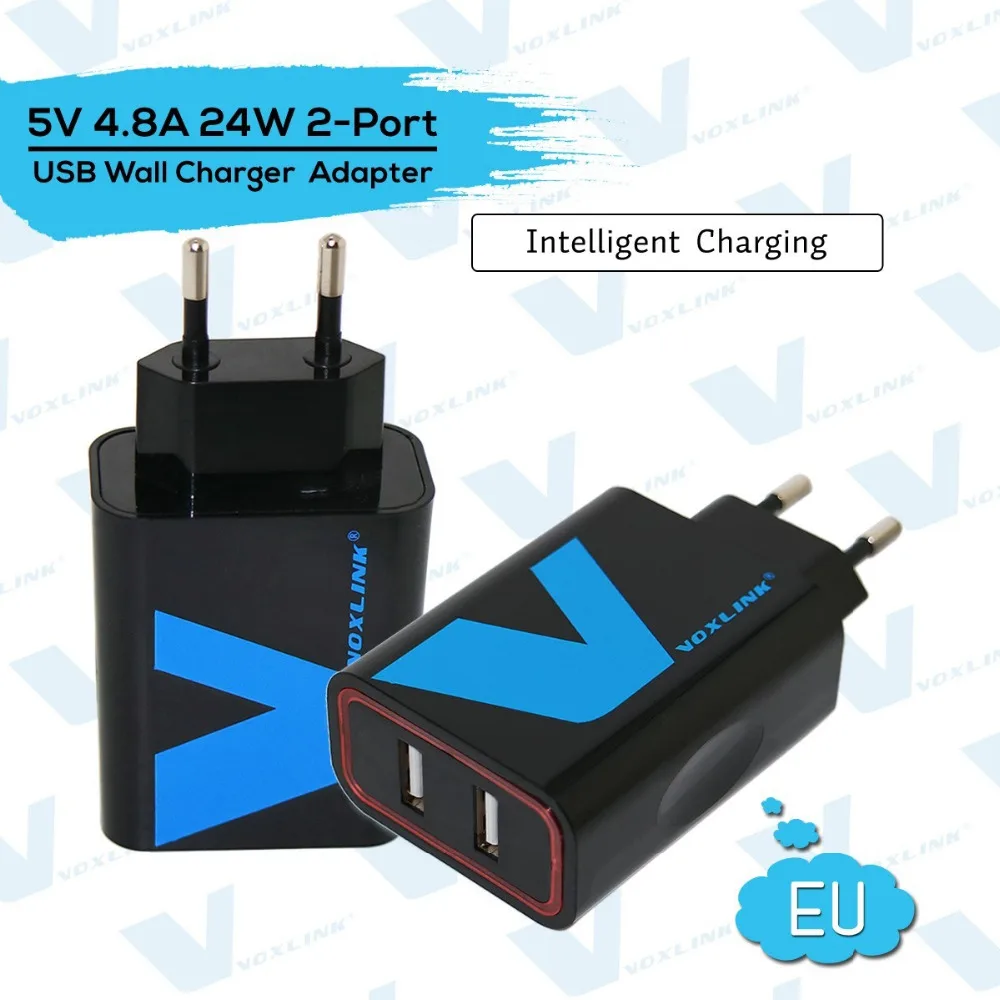 VOXLINK 2-портовое портативное зарядное USB устройство 5В/4.8А 24Вт интеллектуальное обнаружение и зарядка, черное (вилка EU)