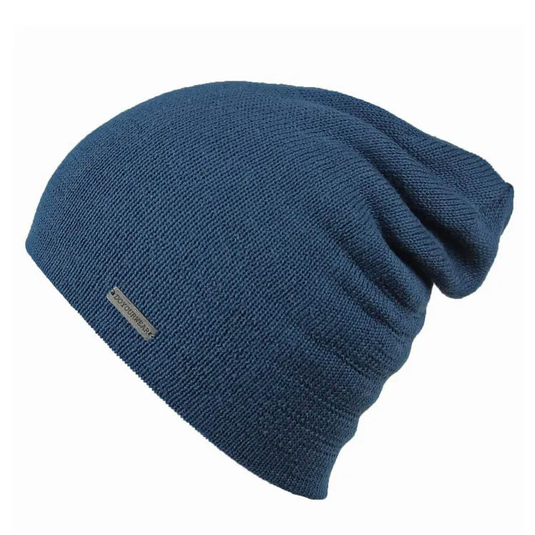 Metal logo merino wool slouch knitted beanie hat