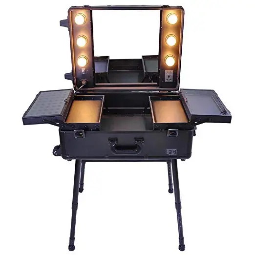 WT Rolling Studio Makeup Artist Cosmetic Case w/ 6x 40W LED Light Bulb Adjustable Leg Mirror Cosmetic Black Train Table