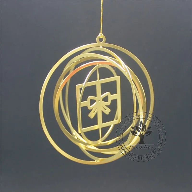 Holiday style gold plated round 3d die cut metal hanging ornament