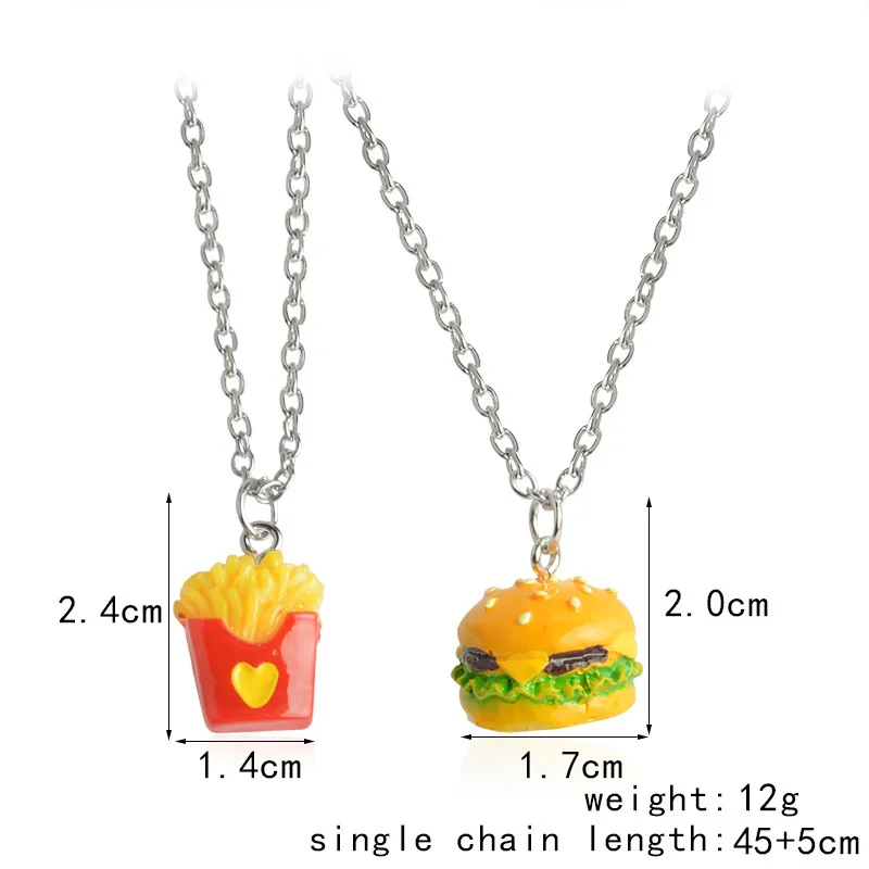 1 set Best Friend Forever BFF necklace silver chain fast food charm necklace cute French Fries chips hamburger necklace