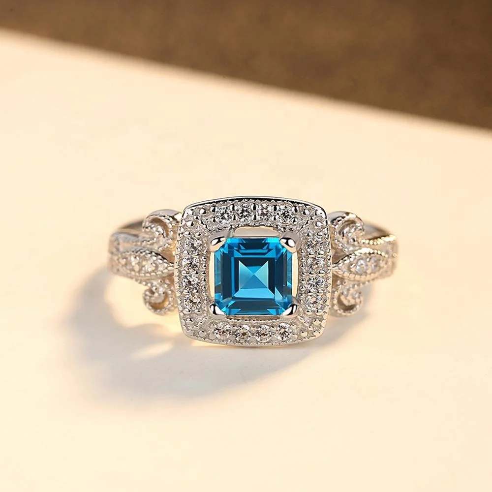CZCITY Real 925 Sterling Silver Blue Color Topaz Stone Fashion Blue Engagement Ring White Gold Plated