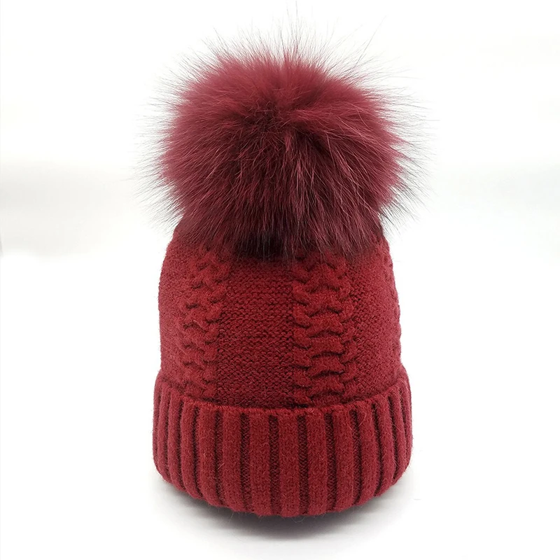 Custom Wholesale Knitted Beanie Winter Warm Women Real Fur Pompom Hat New Fashion Real Fur Hat