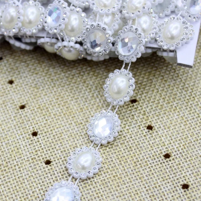 w004 Factory supply garment pearl beads plastic lace chain pearl rhinestone trim