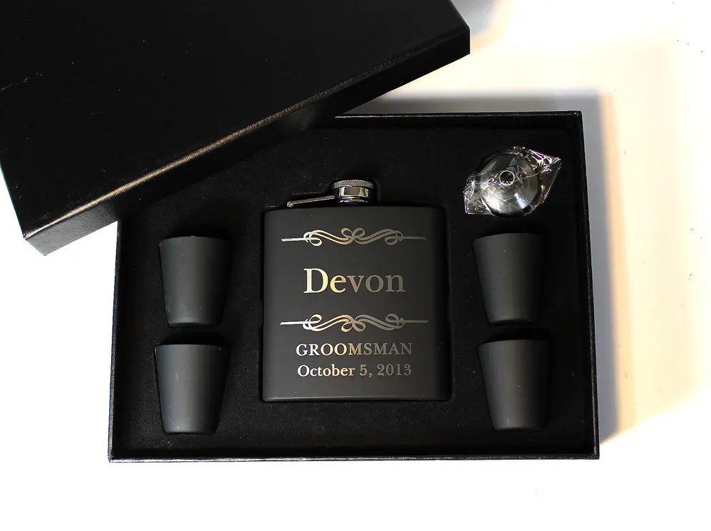 6 унций матовый черный под заказ гравировка нержавеющая сталь фляга подарок набор с 4 шт. стекла