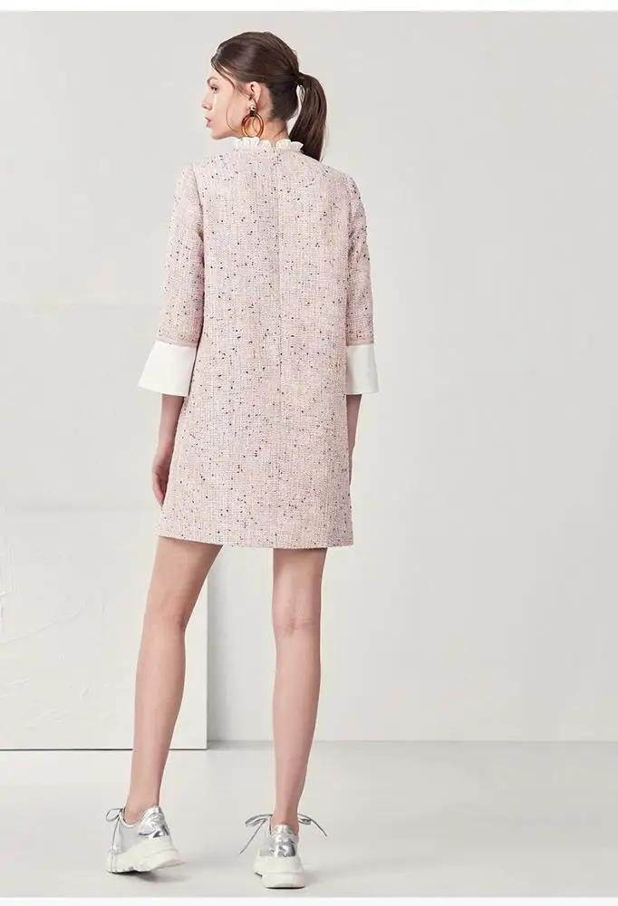 Office ladies Ruffle Round Neck Bell sleeves Pink Tweed knee-Length Fashion Dress