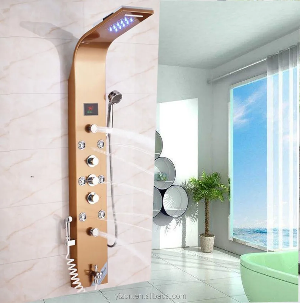 Золотистый корпус из нержавеющей стали, водопад, дождевая душевая панель, массажные струи, ручной распылитель, кран для ванны
