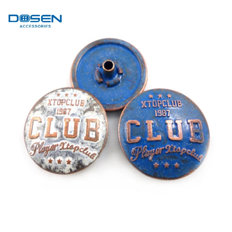 Red Copper White Blue Contrast Color Antique Finishing Custom Letters Logo Metal Snap Fasteners Press Button for Garments 18mm