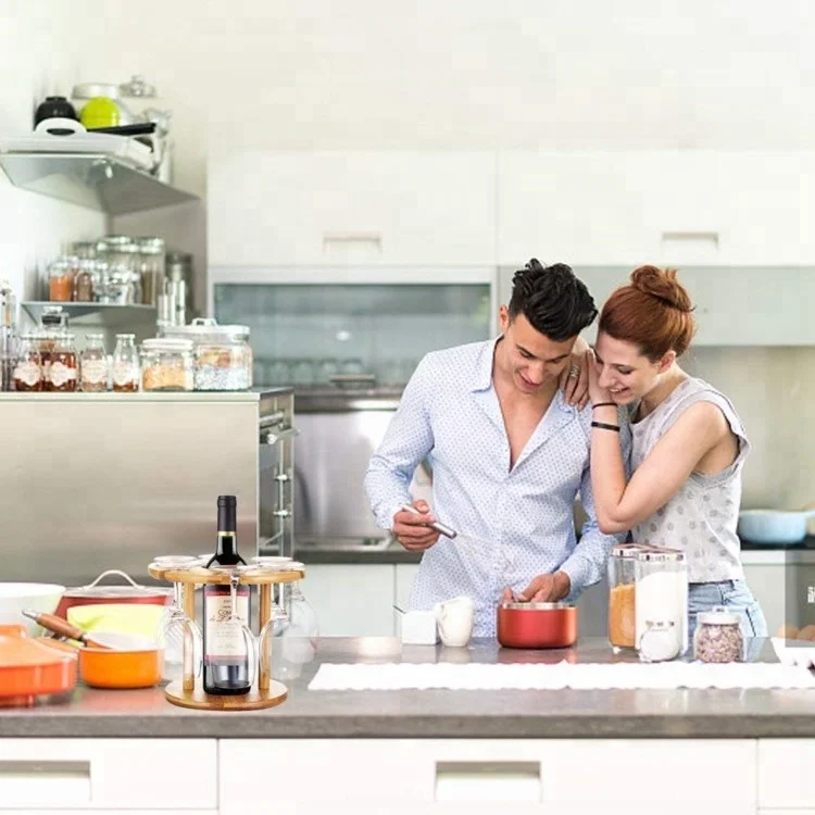 Bamboo Wine Bottle Glass Holder Hanging Upside Down Cup Goblets Display Rack for 6pcs Stemware Glasses and 1 wine bottle